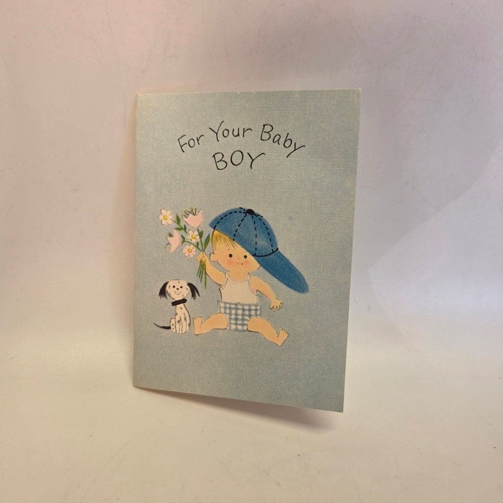 Vintage Buzza Cardozo New Baby Boy Greeting Card Blue Dog Hat Scrapbooking